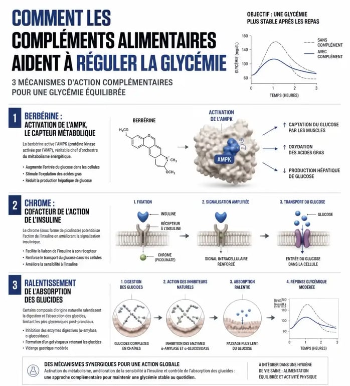 Infographie sur les mécanismes d'action des compléments alimentaires pour diabétiques