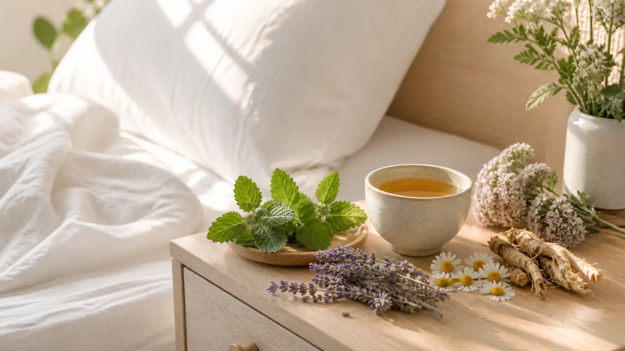 Composition en grille avec feuilles de sauge, bois clair et tisane fumante