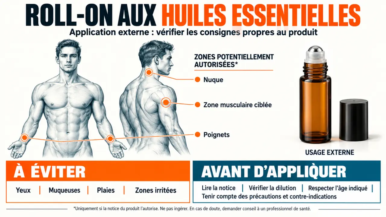 Infographie sur les zones d'application et les précautions d'un roll on huiles essentielles