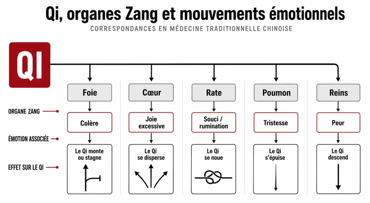 Médecine chinoise organes et émotions : schéma des correspondances entre Qi, organes et émotions