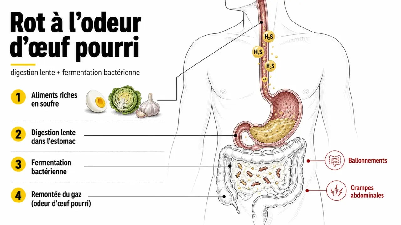 Schéma du rot qui sent l oeuf pourri mal de ventre expliquant la fermentation digestive et les douleurs abdominales