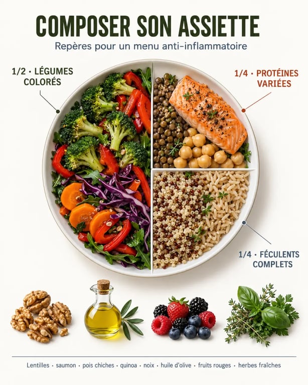 Menu anti inflammatoire : composition équilibrée d’une assiette avec légumes, protéines et féculents complets