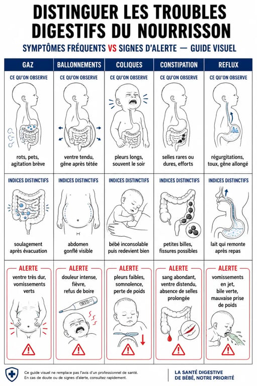 bébé mal au ventre gaz : tableau comparatif des gaz, ballonnements, coliques, constipation et reflux