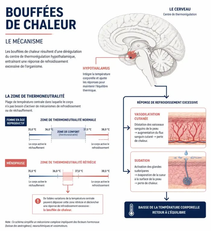 Schéma explicatif du mécanisme des bouffées de chaleur et des symptômes vasomoteurs liés à la ménopause