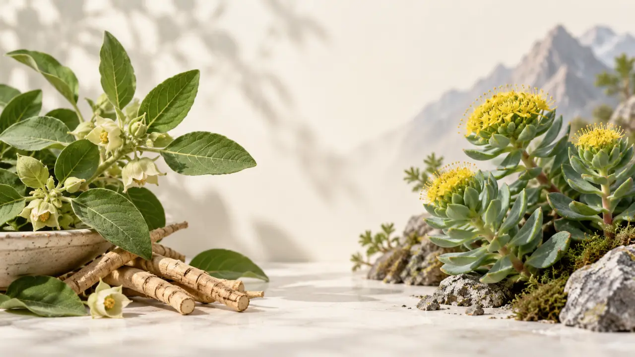 Racines d'ashwagandha et rhodiola présentées dans des bols sur une table claire