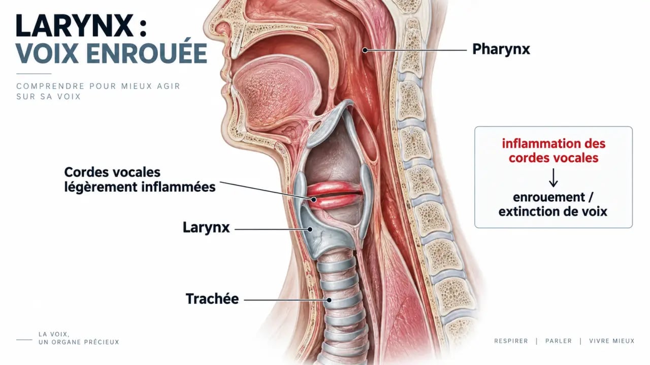 Schéma du larynx et de l’enrouement dans un article sur la laryngite huile essentielle