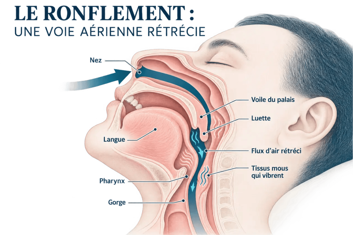 Schéma du mécanisme du ronflement et des voies aériennes pour comprendre le ronflement huiles essentielles