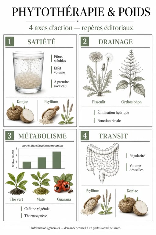 Phyto perdre du poids : infographie des plantes minceur selon satiété, drainage, métabolisme et transit