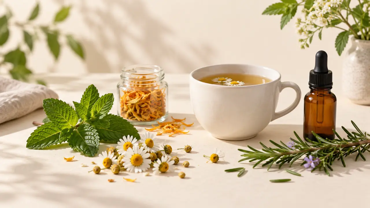 Tisane de plantes médicinales, feuilles séchées et accessoires simples sur une table claire