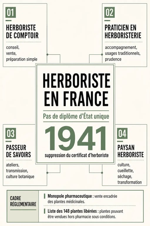 Infographie métier herboriste en France avec statuts, missions et cadre légal