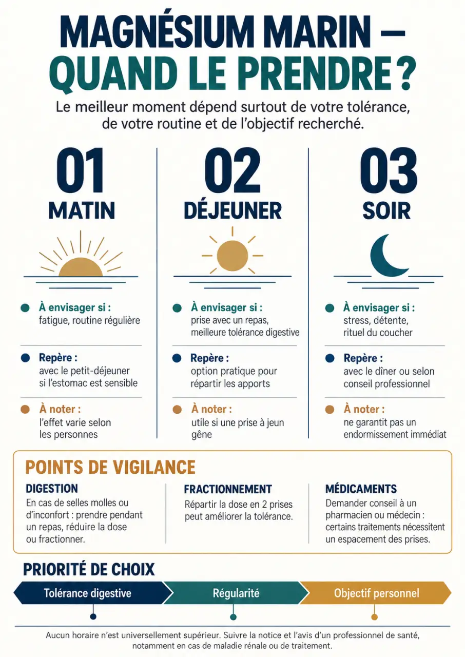 Infographie sur le magnésium marin matin ou soir selon l’objectif, la digestion et les précautions
