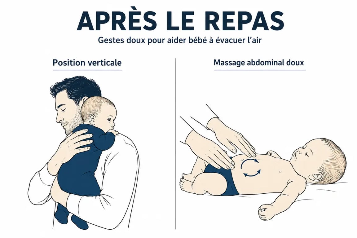 bébé mal au ventre gaz : parent tenant un nourrisson en position verticale et massage abdominal doux
