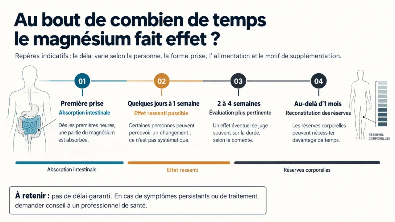 Au bout de combien de temps le magnésium fait effet : frise des délais entre absorption et effets ressentis