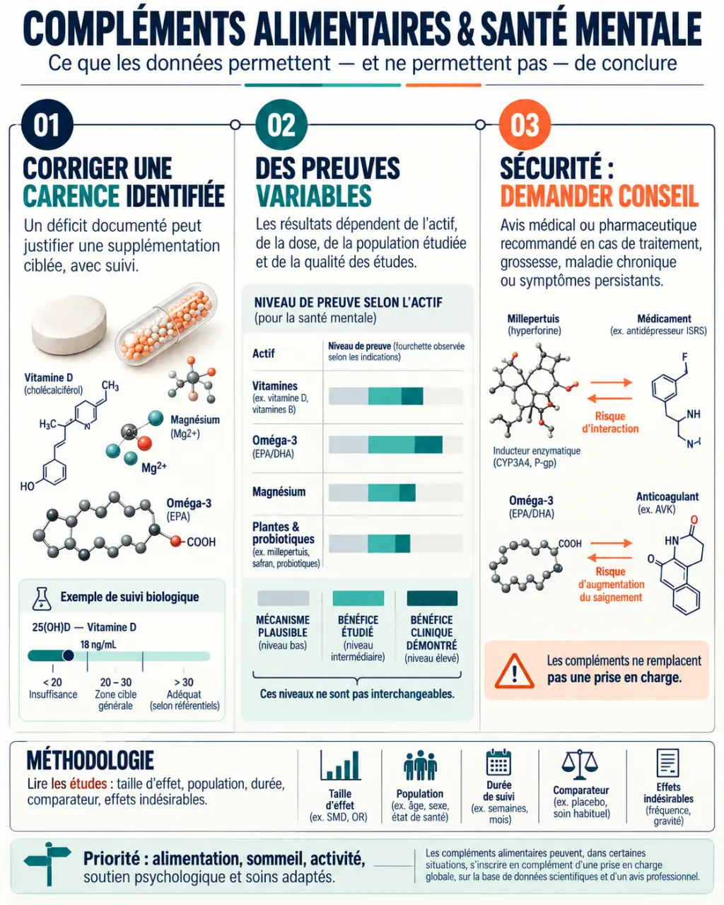 Infographie sur les compléments alimentaires et la santé mentale, entre carence, preuves scientifiques et précautions