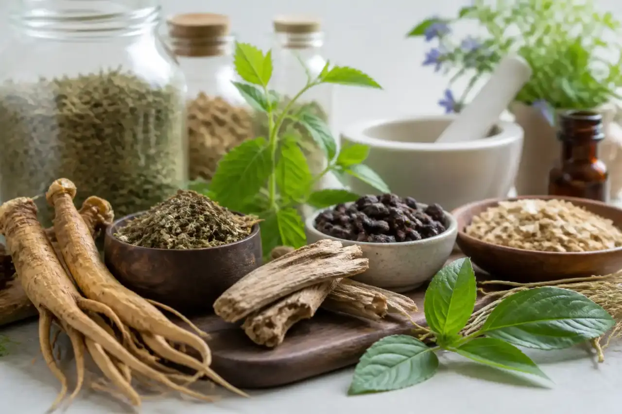 Composition bento en tons verts et beiges autour des plantes adaptogènes