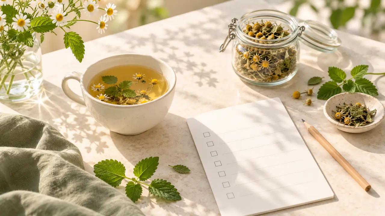 Tasse de tisane et plantes médicinales préparées sur une table claire