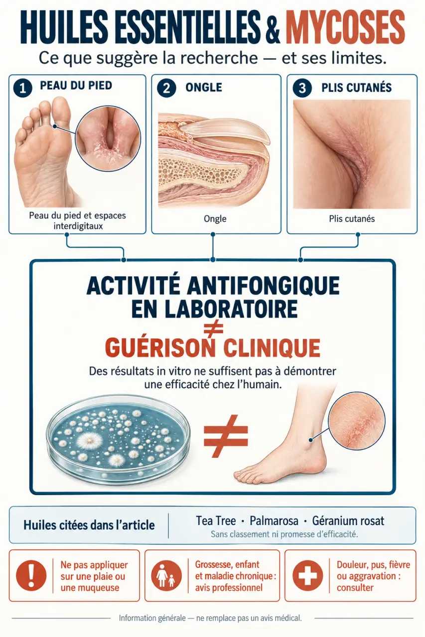 Infographie sur les huiles essentielles antifongiques, leurs limites et les précautions d’usage