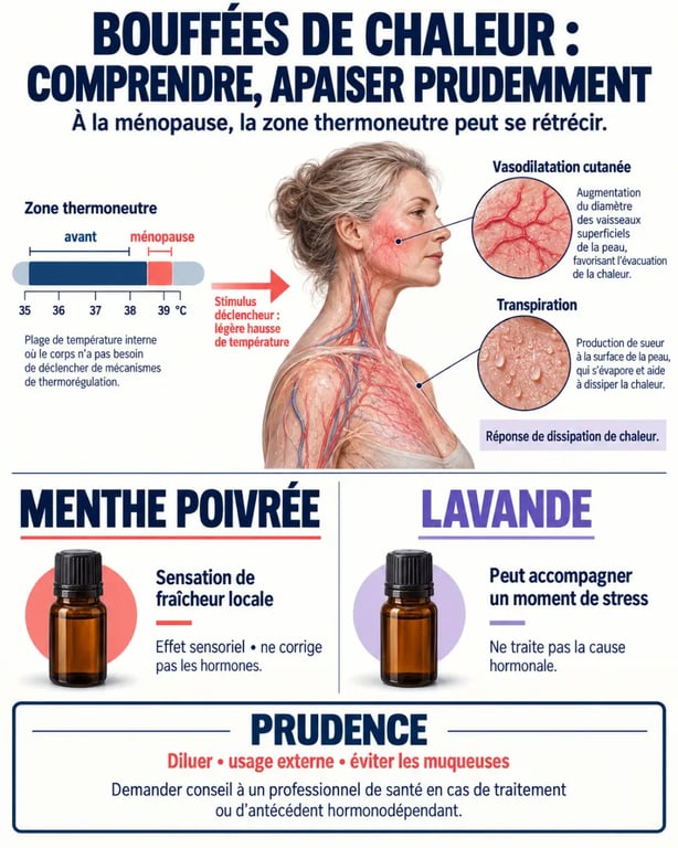 Huile essentielle bouffées de chaleur : mécanisme, effets sensoriels et précautions d'utilisation