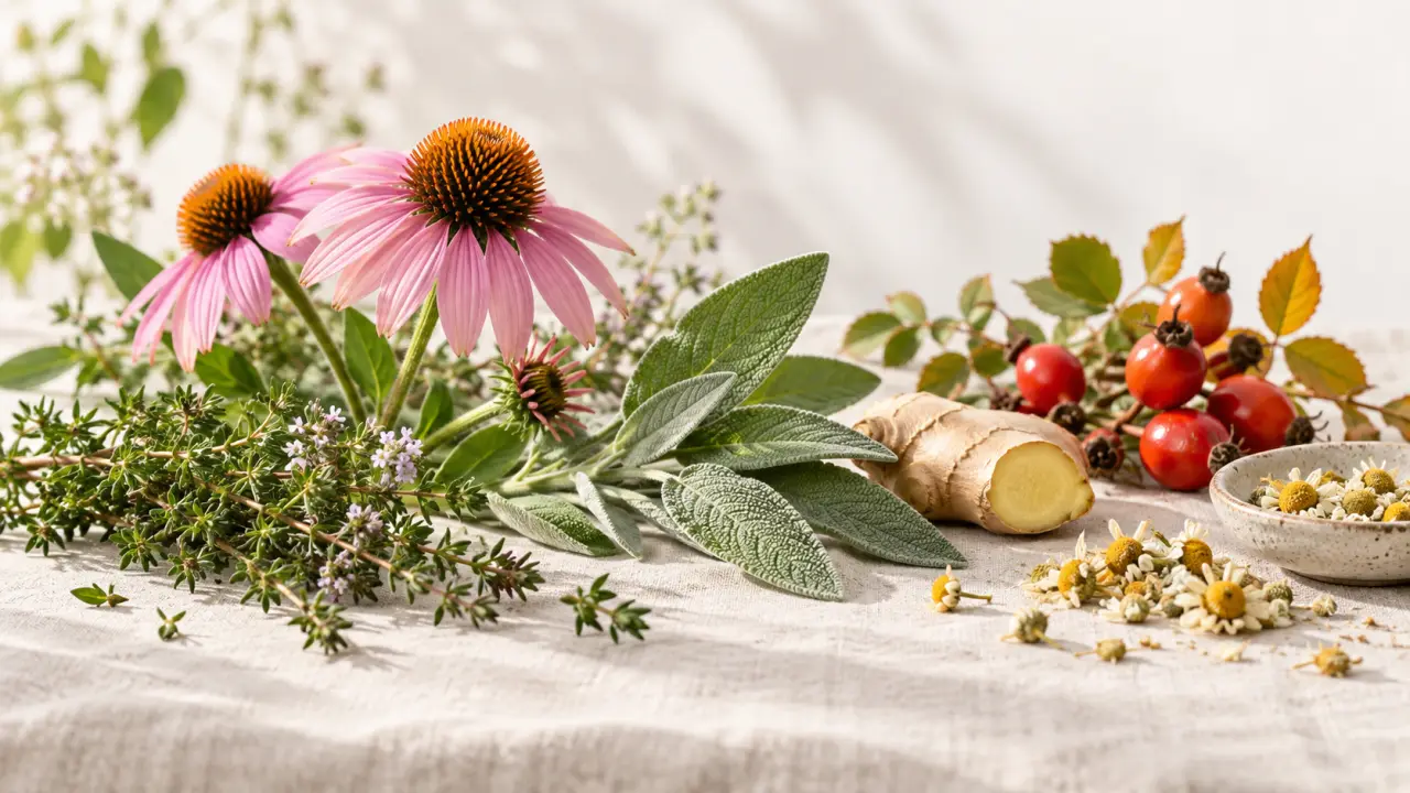 Plantes médicinales et tisane disposées dans une ambiance naturelle et lumineuse