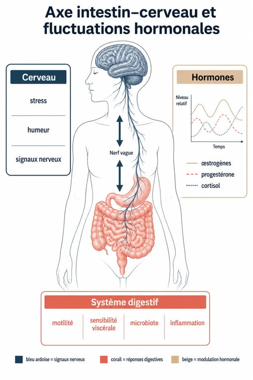 Schéma illustrant le lien entre ménopause et intestin irritable, montrant l'impact des hormones sur le transit intestinal.