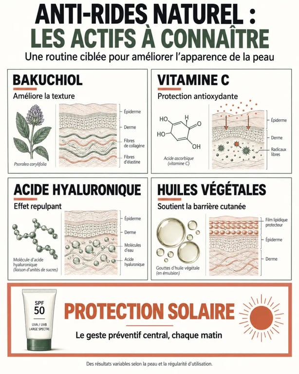 Infographie sur l’anti-rides naturel puissant : bakuchiol, vitamine C, acide hyaluronique, huiles végétales et protection solaire