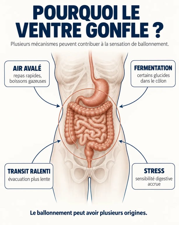Infographie sur les causes des ballonnements et le choix d’une tisane anti-ballonnement