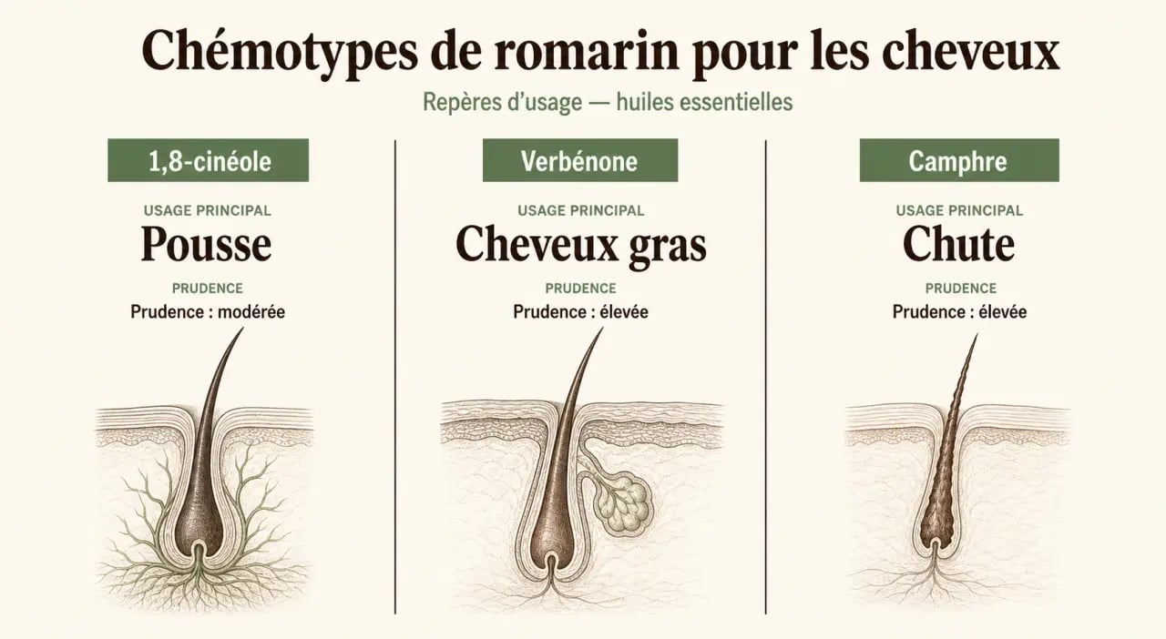 Huile essentielle de romarin et cheveux : comparatif visuel des chémotypes pour la pousse, la chute et les cheveux gras