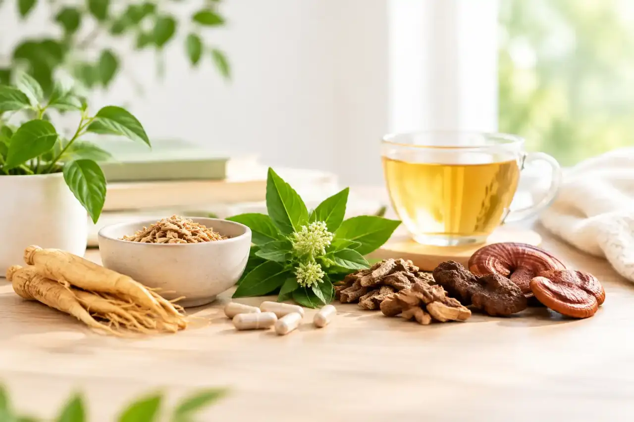 Racine d’ashwagandha en poudre dans un bol en céramique, avec une ambiance naturelle et apaisante