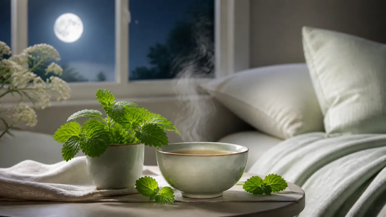 Illustration d'une tasse de tisane à la mélisse, ambiance douce et minimaliste