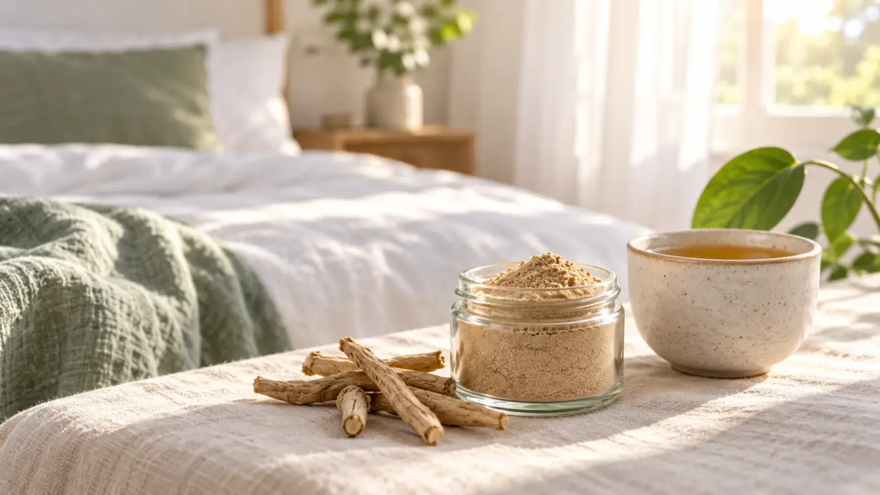 Racine d’ashwagandha et tasse de tisane sur une table claire