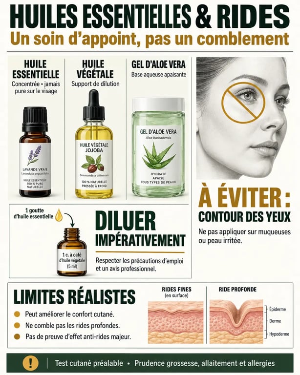 Infographie sur l'huile essentielle anti rides, la dilution et les précautions d'application