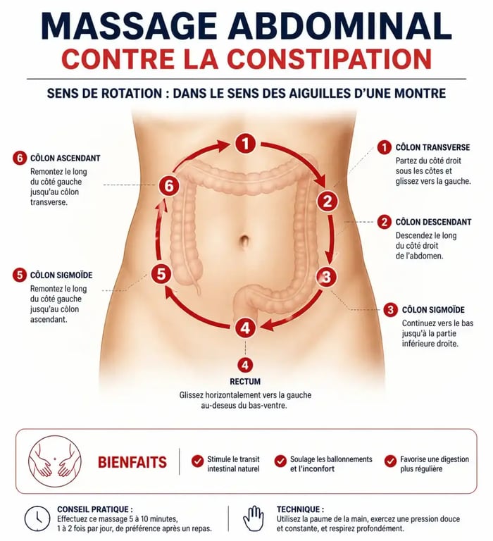 Schéma du massage abdominal pour soulager la constipation avec les huiles essentielles