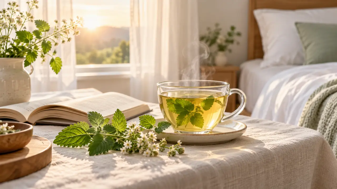 Tasse de tisane de mélisse dans une ambiance douce et naturelle