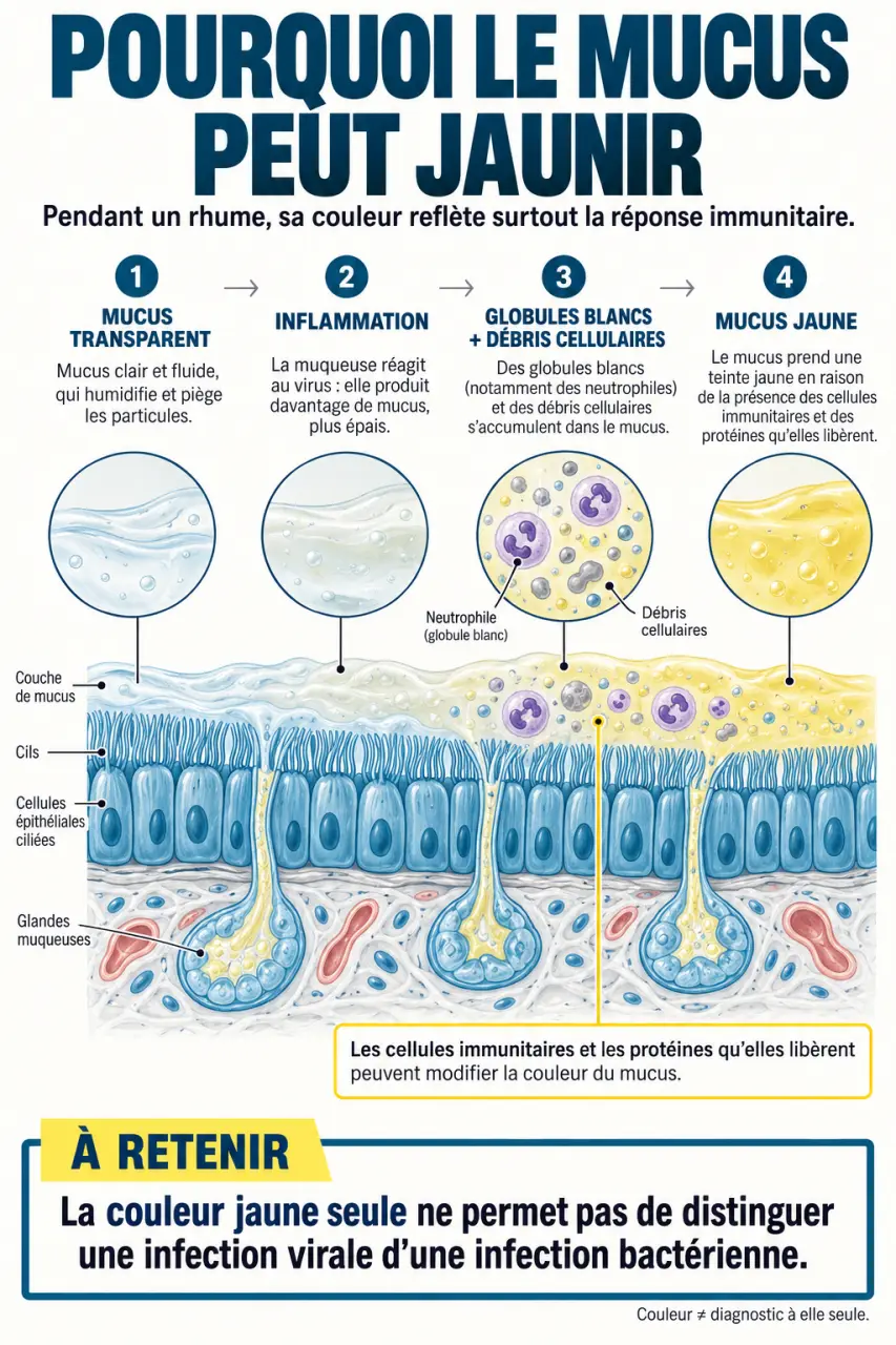 Infographie expliquant la morve jaune pendant un rhume et le rôle de la réponse immunitaire