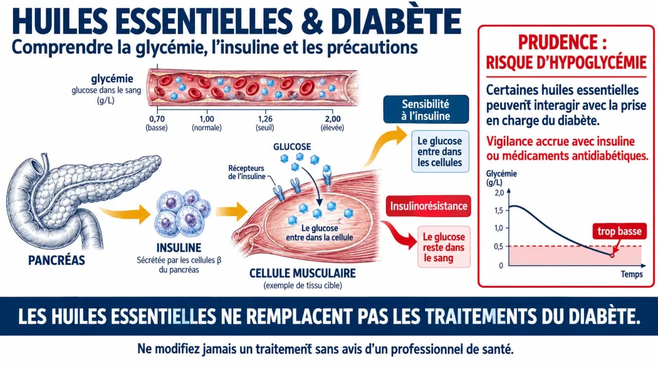 Infographie sur les huiles essentielles et le diabète, la glycémie, l'insuline et les risques d'hypoglycémie