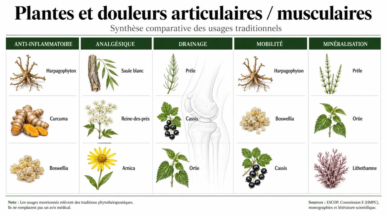 Plantes pour douleurs articulaires et musculaires : synthèse visuelle des plantes selon leur objectif et leurs précautions