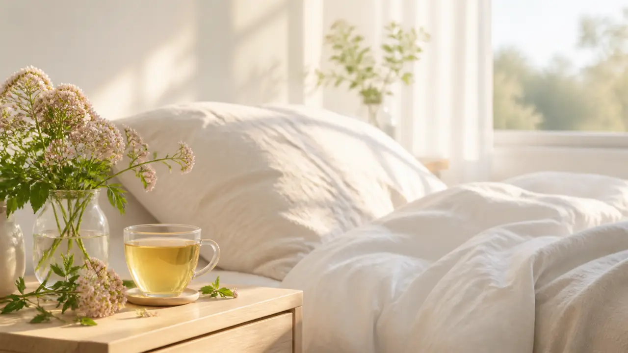Composition végétale minimaliste autour de la valériane et d'une tisane du soir