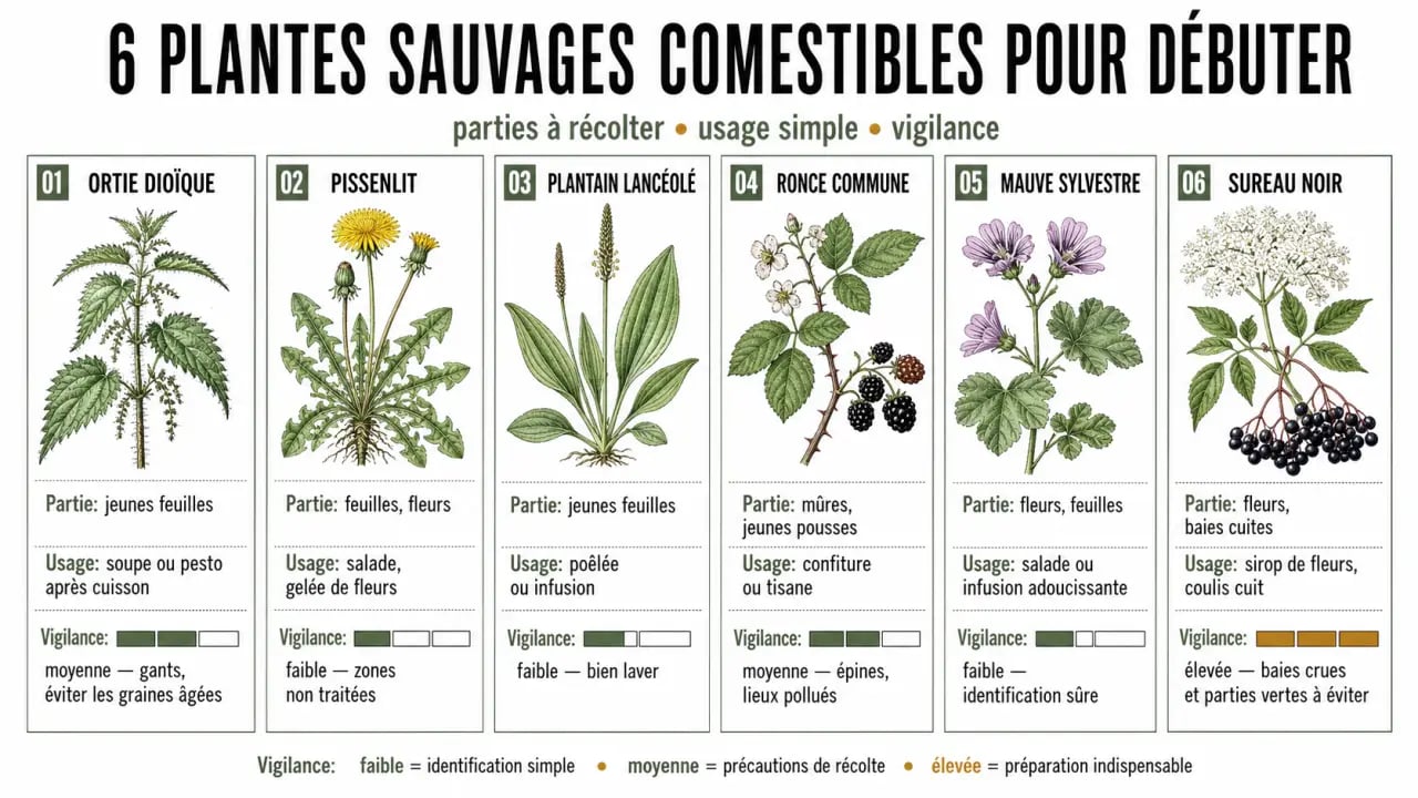 Plantes comestibles sauvages : comparatif visuel des espèces faciles à reconnaître, parties comestibles et usages