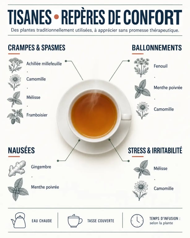 Tisane règles douloureuses : plantes traditionnellement associées aux crampes, ballonnements, nausées et stress