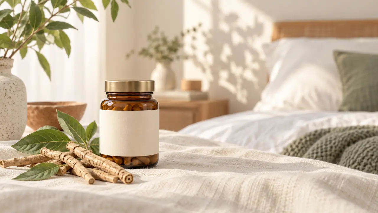 Racine d’ashwagandha et tasse de tisane dans une ambiance douce et naturelle