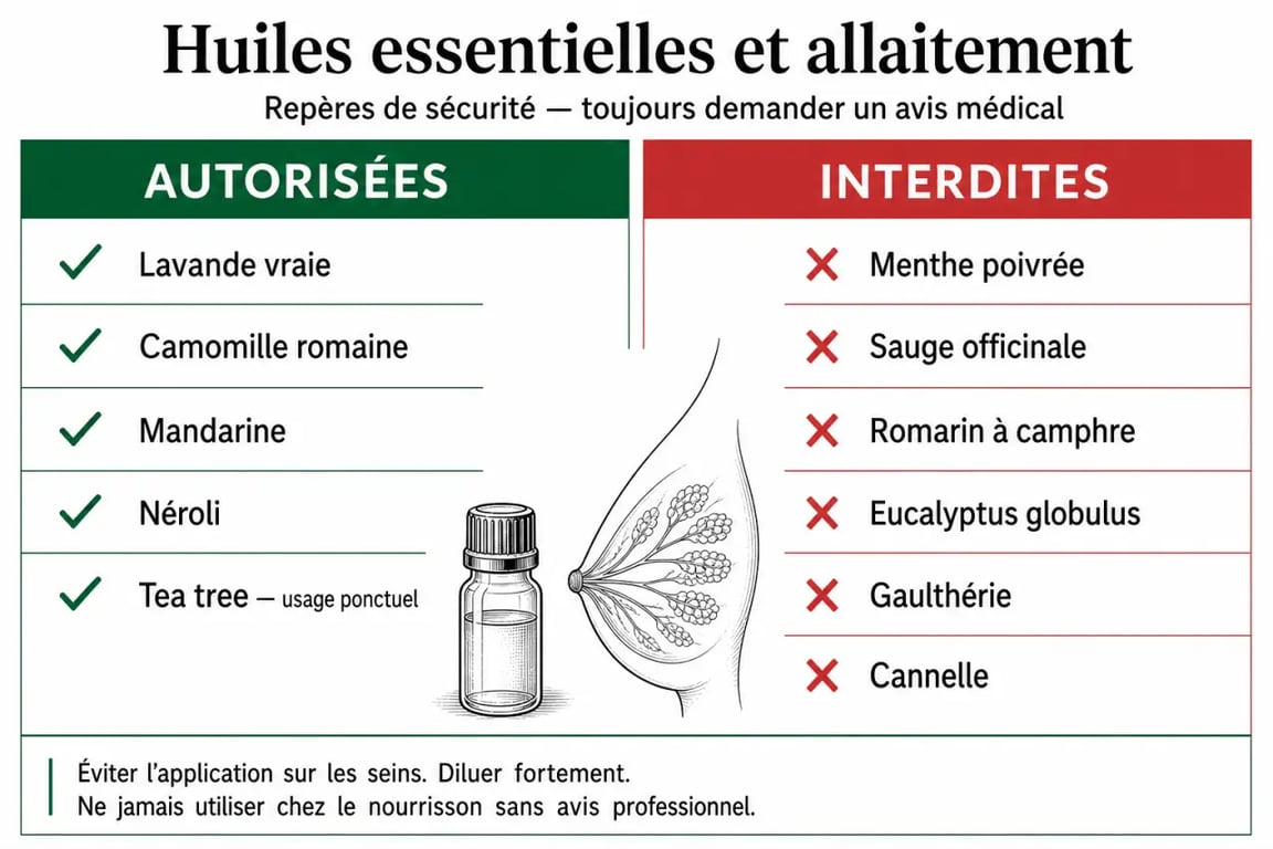 Tableau comparatif des huiles essentielles autorisées et interdites pour l'allaitement