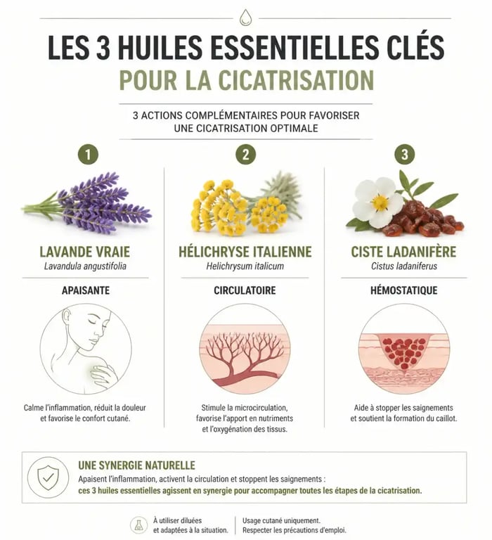 Infographie des huiles essentielles pour cicatrisation : Lavande, Hélichryse et Ciste