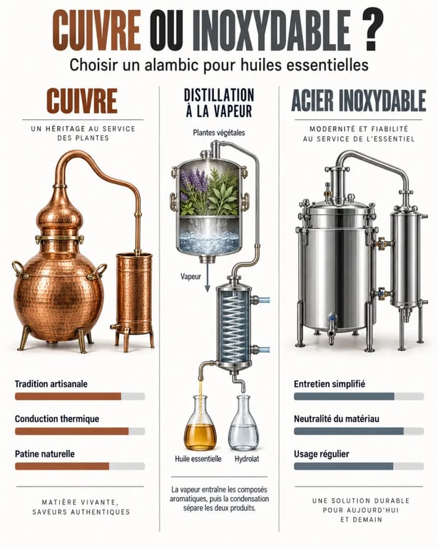 Comparaison des matériaux et configurations d’un alambic pour huiles essentielles