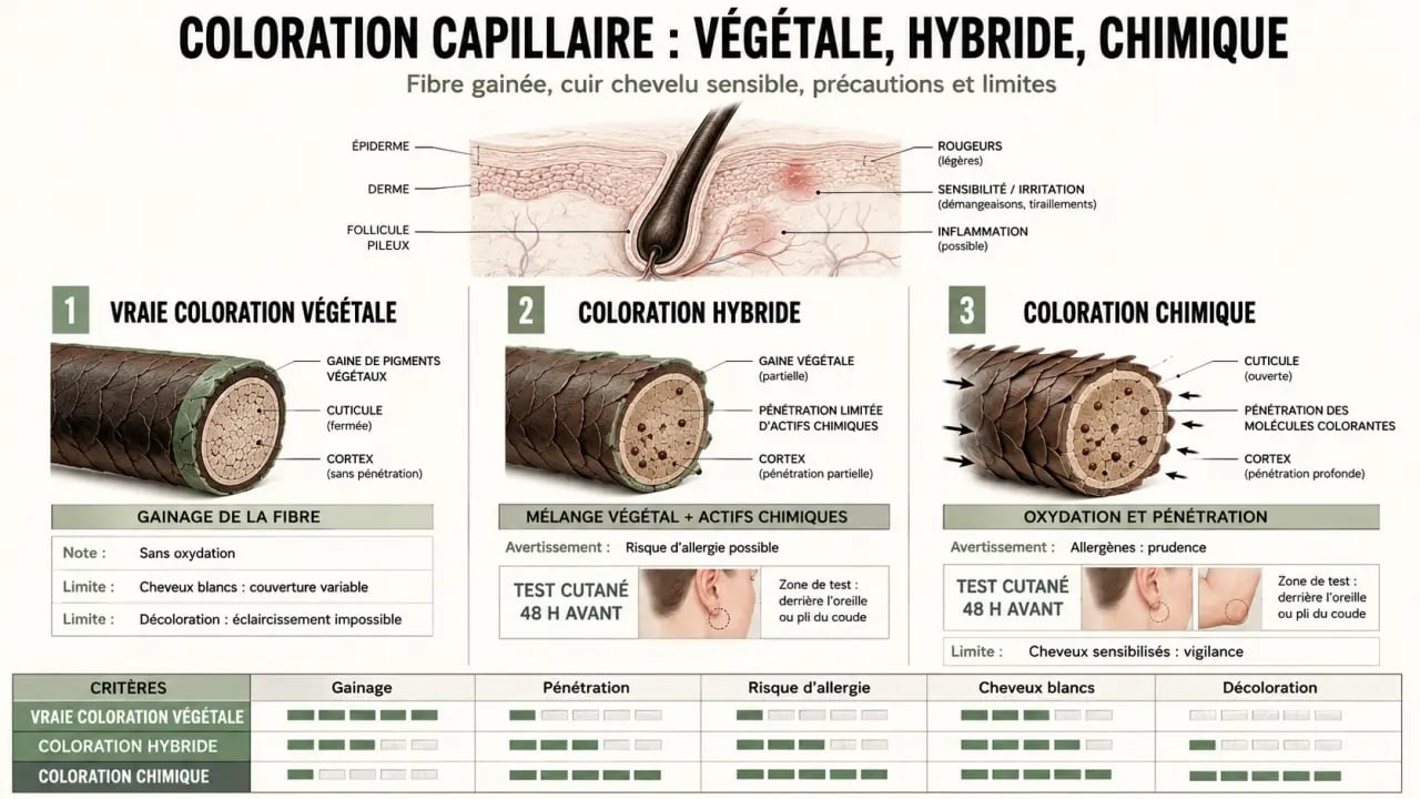 Coloration végétale danger : comparaison visuelle entre végétale, hybride et chimique
