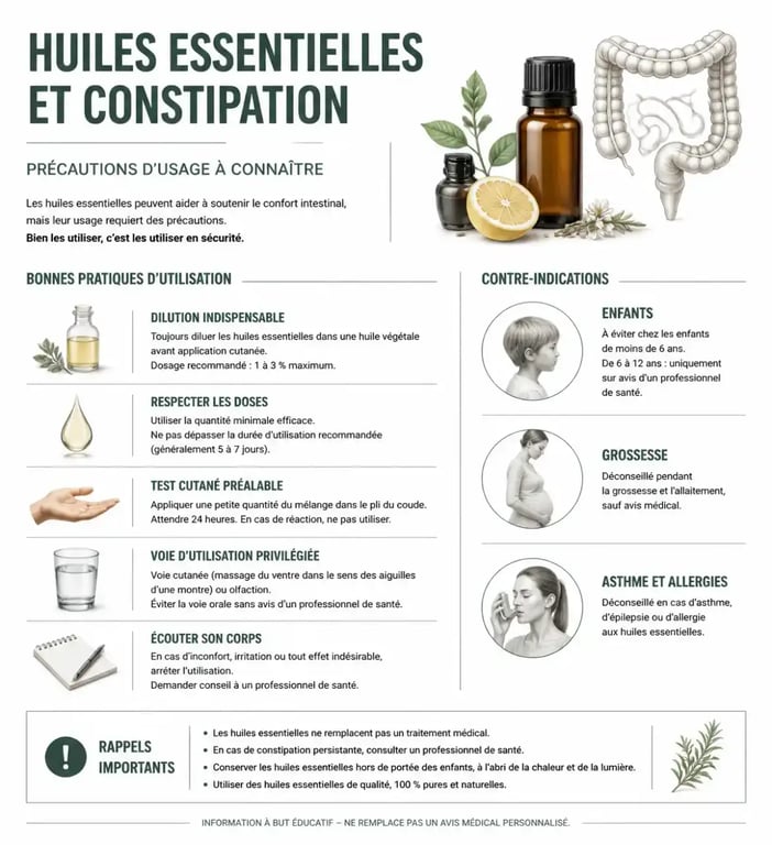 Infographie des précautions et contre-indications des huiles essentielles et constipation