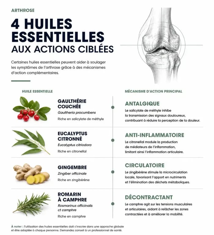 Huile essentielle et arthrose : les quatre huiles essentielles de référence et leur mécanisme d'action