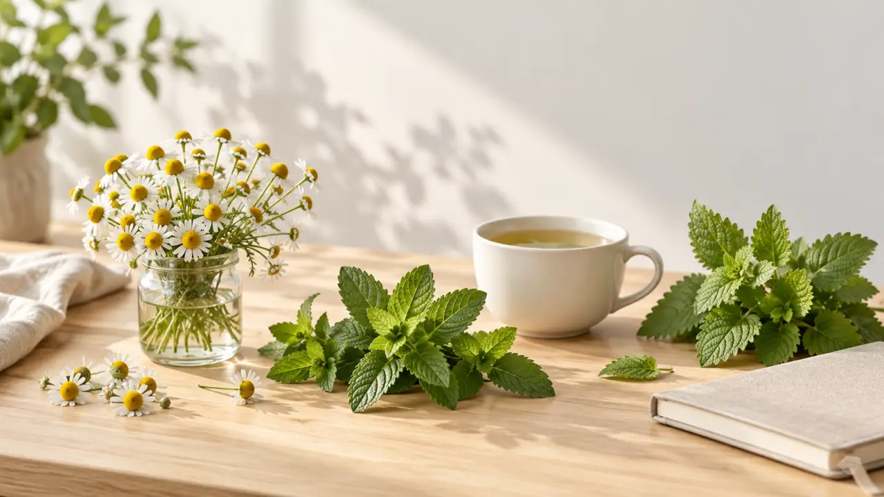 Plantes médicinales sèches et tasse de tisane sur une table claire