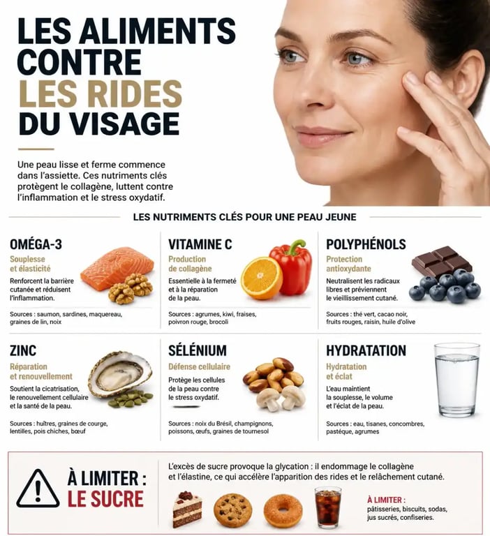Infographie sur les aliments contre les rides du visage et les nutriments clés pour la peau