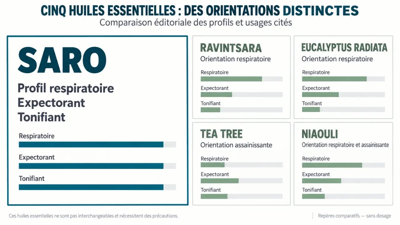 Infographie comparative Saro huiles essentielles, Ravintsara, Eucalyptus radiata, Tea Tree et Niaouli