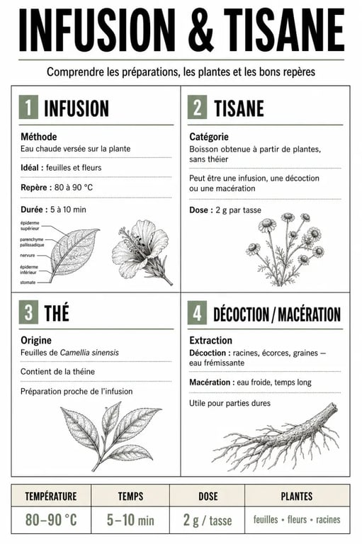Infusion et tisane : infographie comparative sur les différences, la température et le temps de préparation